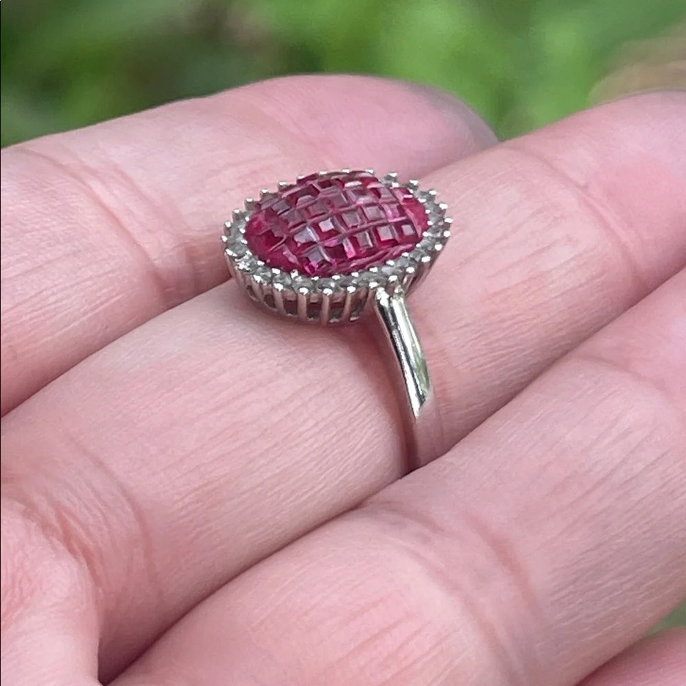 Natural Ruby Princess Cut Halo Ring White Topaz Accent in 925 Silver Size 7